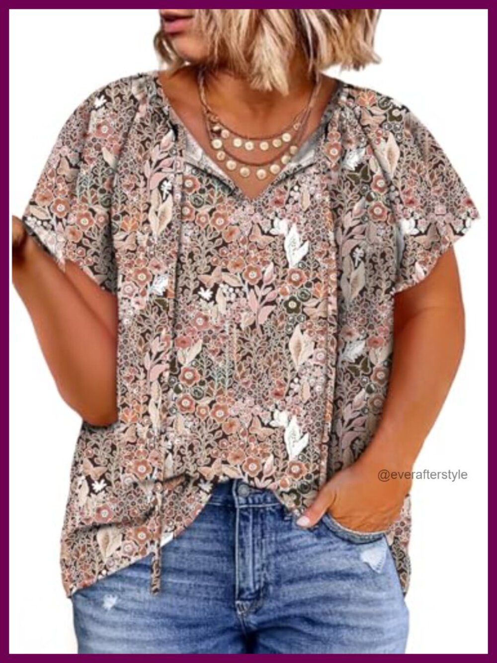 Plus Size Boho Floral Chiffon Blouse V Neck Drawstring Short Sleeve